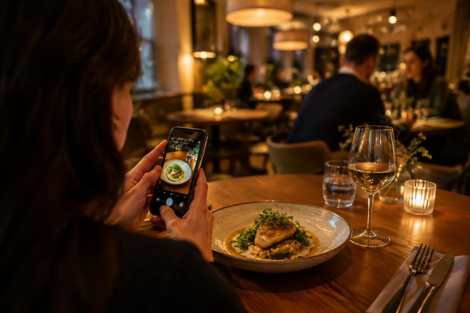 A diner photographing a beautifully plated dish at a cozy modern bistro