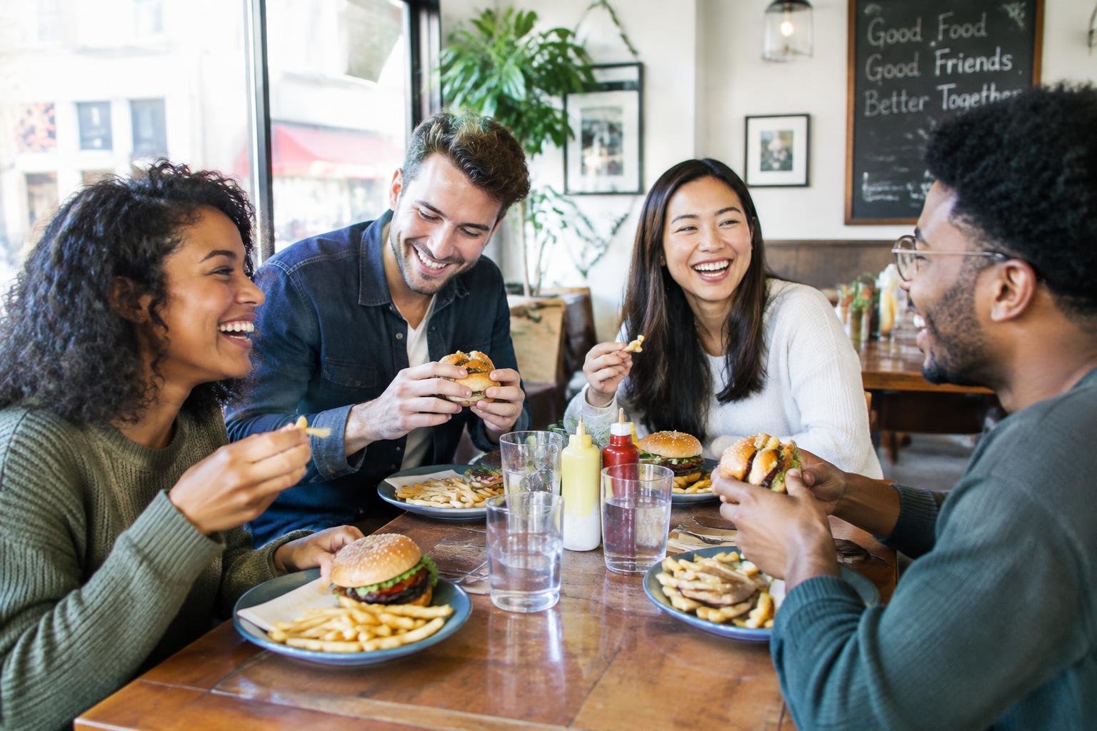 Friends laughing over burgers and fries at a casual neighborhood restaurant