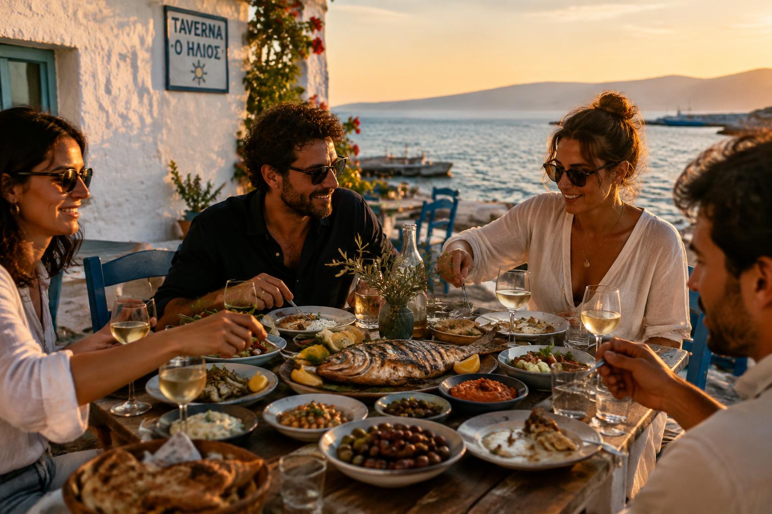 Friends sharing grilled fish and mezze at a Mediterranean seaside taverna at sunset